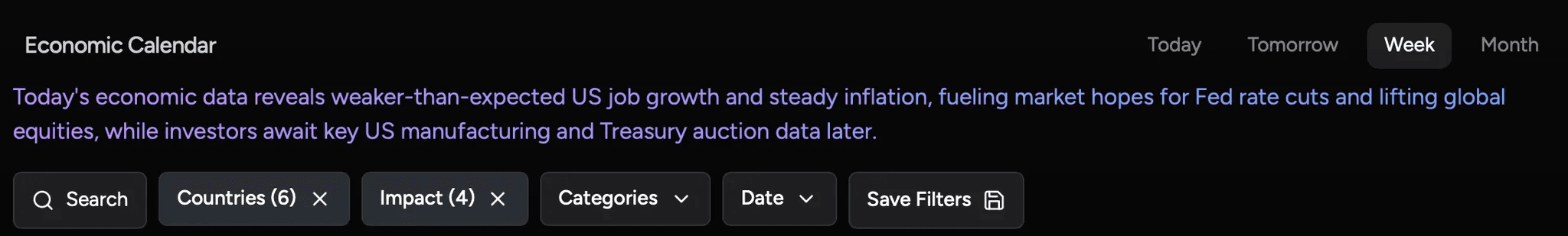 Economic Calendar filter bar