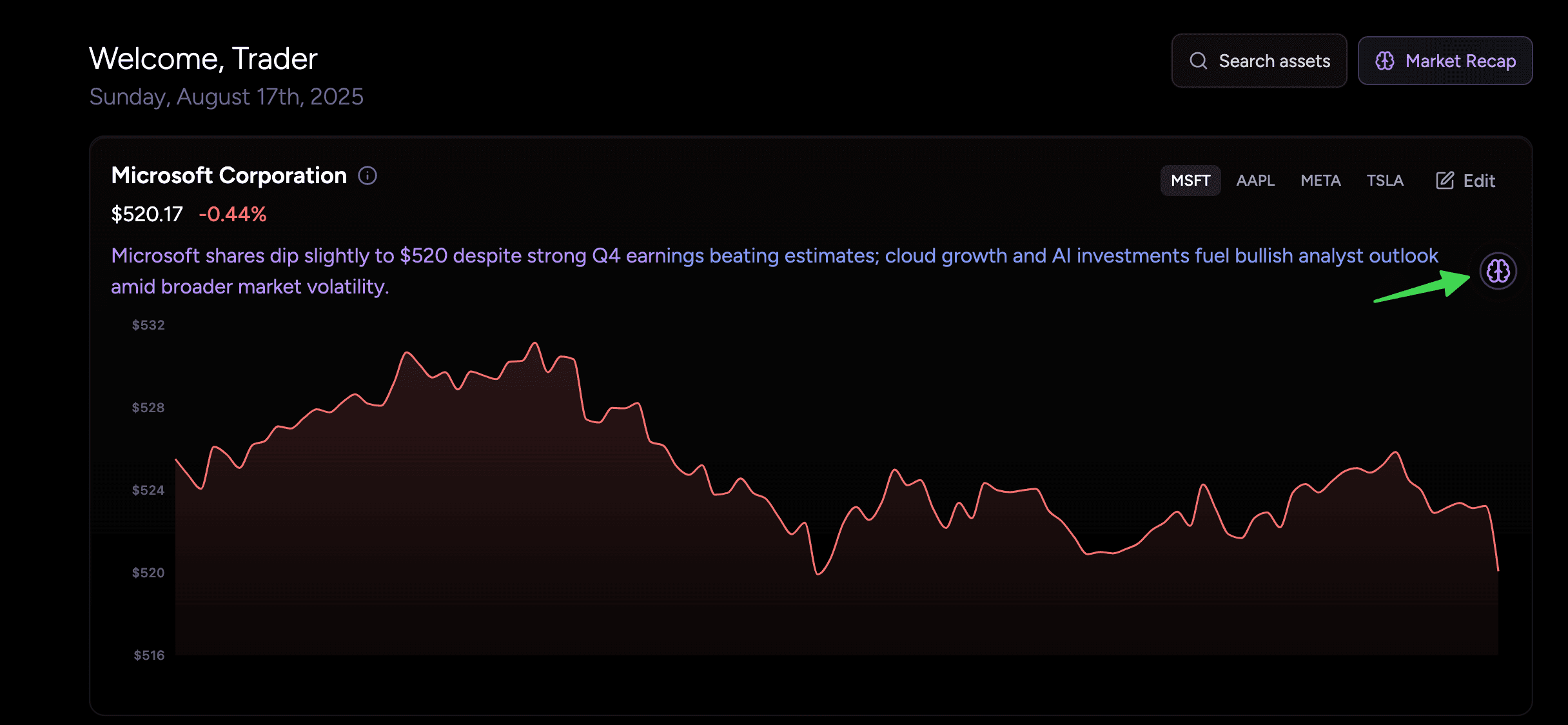 Main dashboard view with brain icon